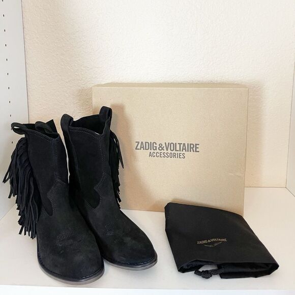 Zadig & Voltaire Pilar Western Fringe black Suede Ankle Boots French 37/US 6 - Picture 6 of 14